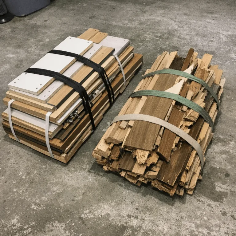 Zerlegte Holzmöbel ordentlich gebündelt für den Abtransport