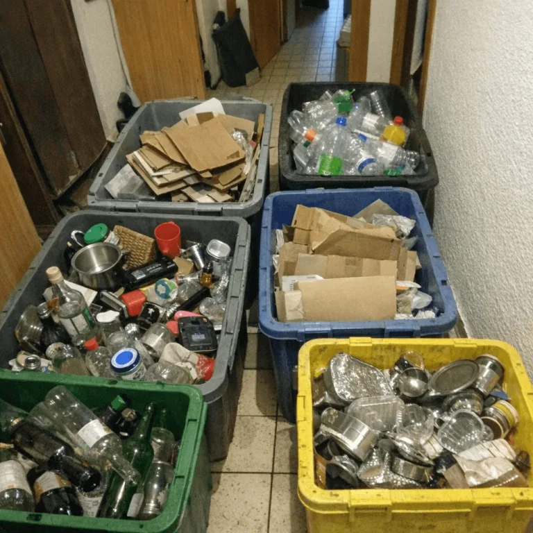 Sortierbehälter für unterschiedliche Materialien in einem engen Flur