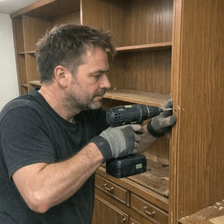 Handwerker beim sorgfältigen Lösen von Schrankverbindungen